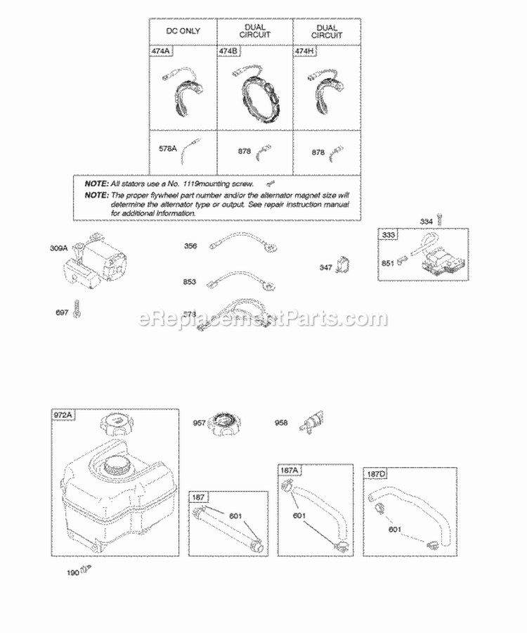 Alternator Electric Starter Fuel Supply Ignition Diagram and Parts List for 20E114-0927-E1  Briggs and Stratton Engine